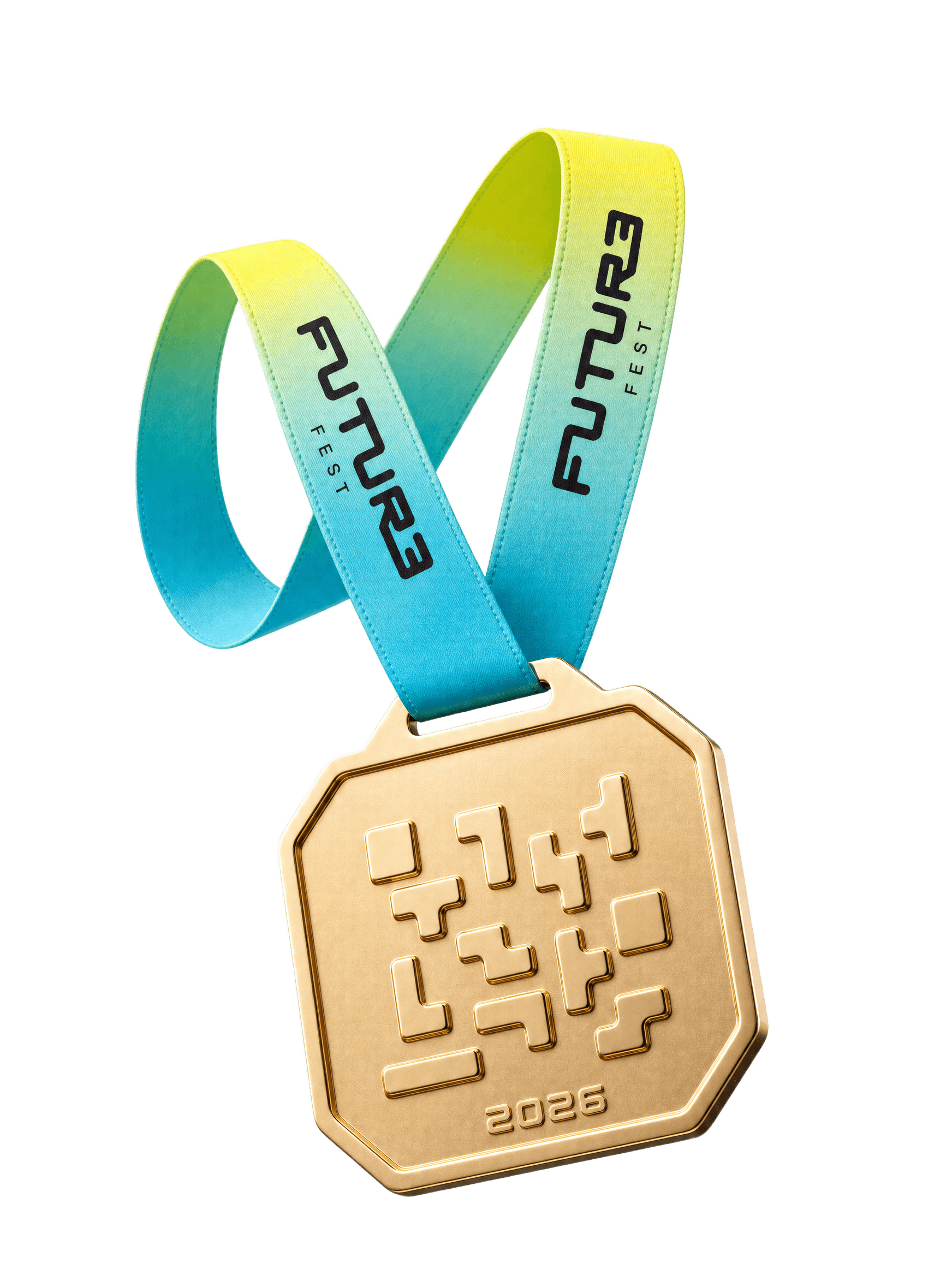 Medalha dourada do Future Fest com fita nas cores cyan e amarelo