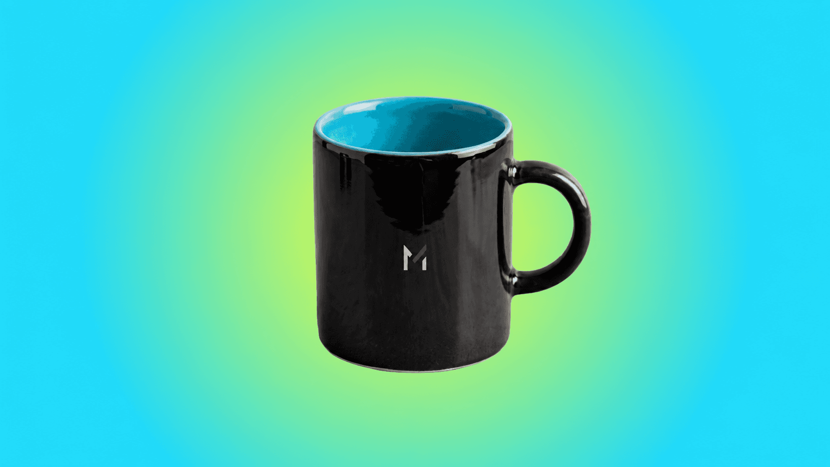 Caneca preta com alça preta e interior azul-turquesa